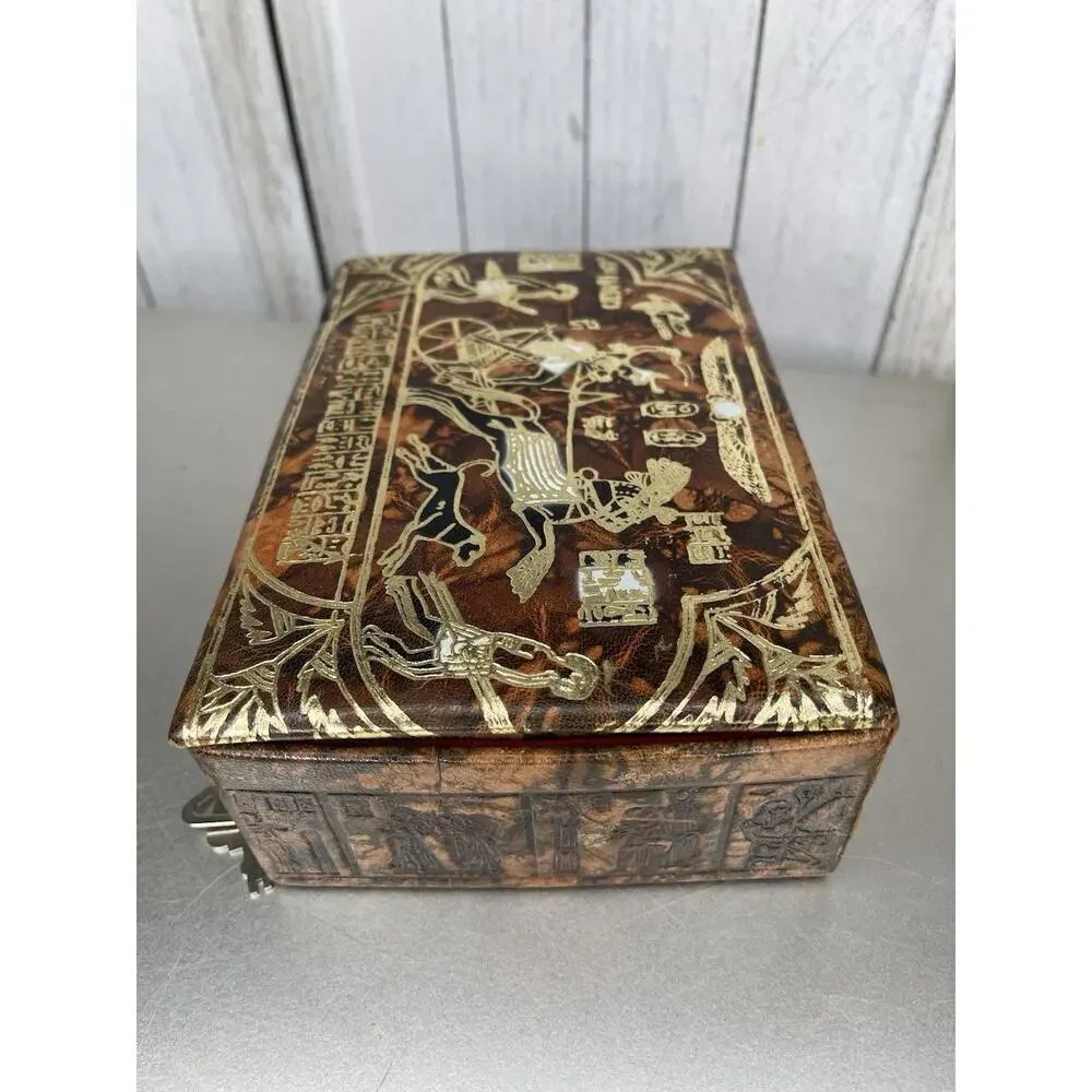 VTG Egyptian Camel Leather Lock Jewelry Box Osiris King Tut Hieroglyphic Gold